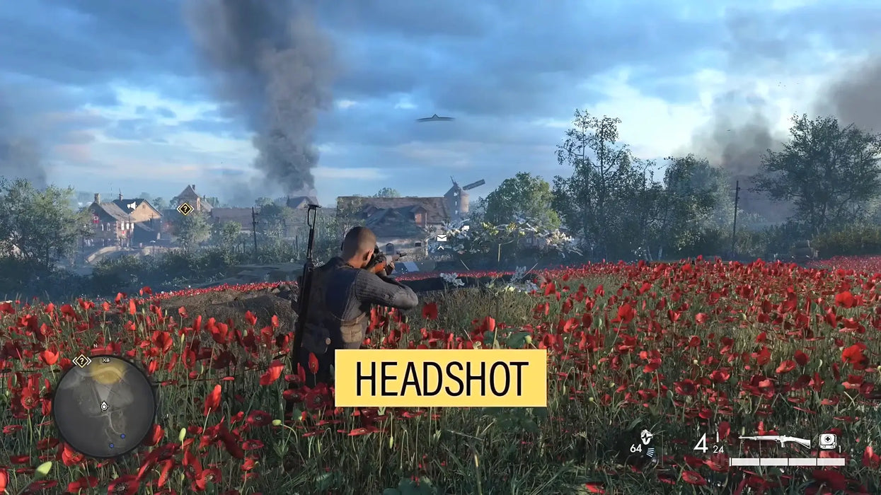 Sniper Elite 5 Season Pass One Xbox One gameplay with a sniper landing a headshot in a field of red flowers. Get your Season Pass digital key instantly at RushGame.co