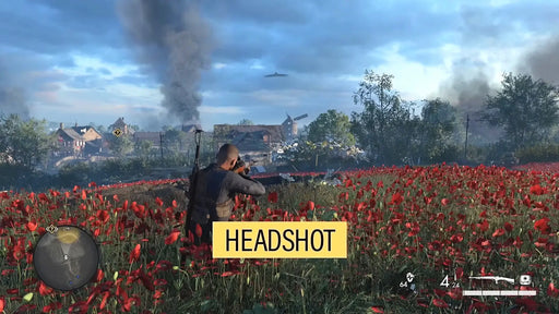 Sniper Elite 5 Season Pass One Xbox One gameplay with a sniper landing a headshot in a field of red flowers. Get your Season Pass digital key instantly at RushGame.co