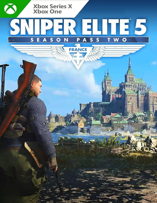 Sniper Elite 5 Season Pass One Xbox One game cover featuring the main character overlooking a French coastal fortress. Buy your Xbox digital code at RushGame.co.