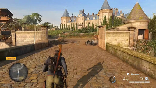 In-game screenshot from Sniper Elite 5 Steam version featuring the main character sneaking through a detailed French château and open courtyard. Get your Sniper Elite 5 Steam Key at RushGame.co for fast, secure digital delivery