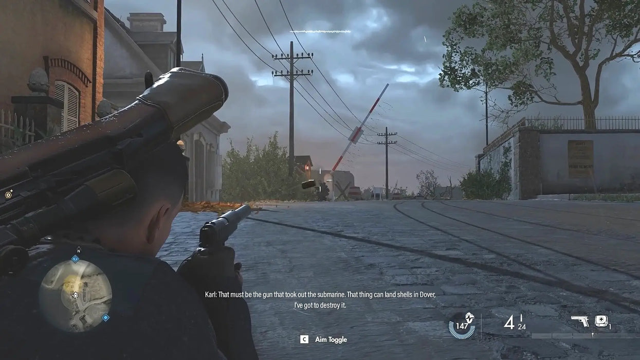 Gameplay from Sniper Elite 5 on Steam, with the player aiming down sights in a French village, ready to take out enemies. Purchase a digital Sniper Elite 5 Steam Key at RushGame.co and experience precision sniping instantly