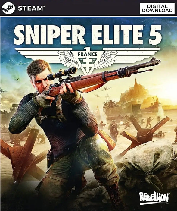 Sniper Elite 5 Steam Key game cover showing the main character aiming with a sniper rifle during World War II battles in France. Buy Sniper Elite 5 CD key for instant Steam activation at RushGame.co and join the fight!