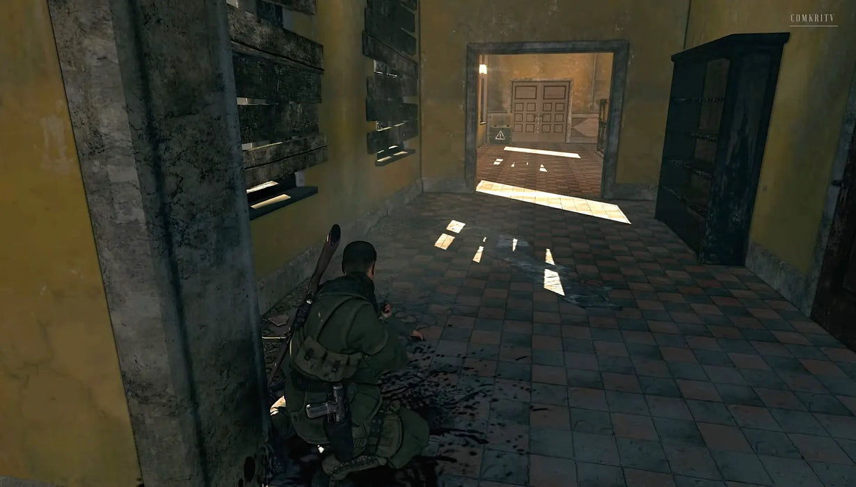 Intense urban firefight in Sniper Elite V2 Remastered for Steam, as the player takes aim at an enemy across a debris-filled plaza—secure your Steam key at RushGame.co and relive this epic shooter adventure