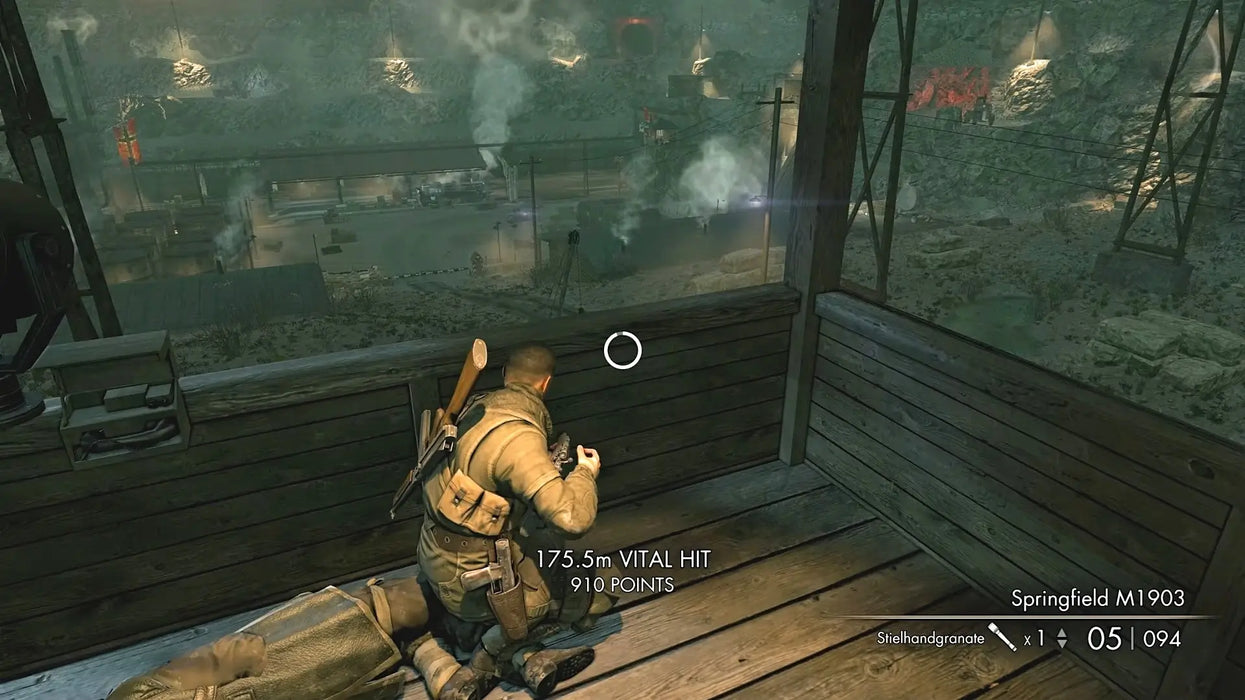 In-game action from Sniper Elite V2 Remastered Xbox One version, featuring the player achieving a long-distance vital hit in a stealth sniping mission. Secure your Sniper Elite V2 Remastered digital code at RushGame.co for instant access to one of the best tactical shooters