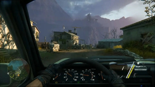 Driving through a rural outpost with a mountain backdrop as seen from the vehicle dashboard in Sniper Ghost Warrior 3 Season Pass Edition XBOX Key (US). Purchase your Xbox digital code at RushGame.co for instant download and play