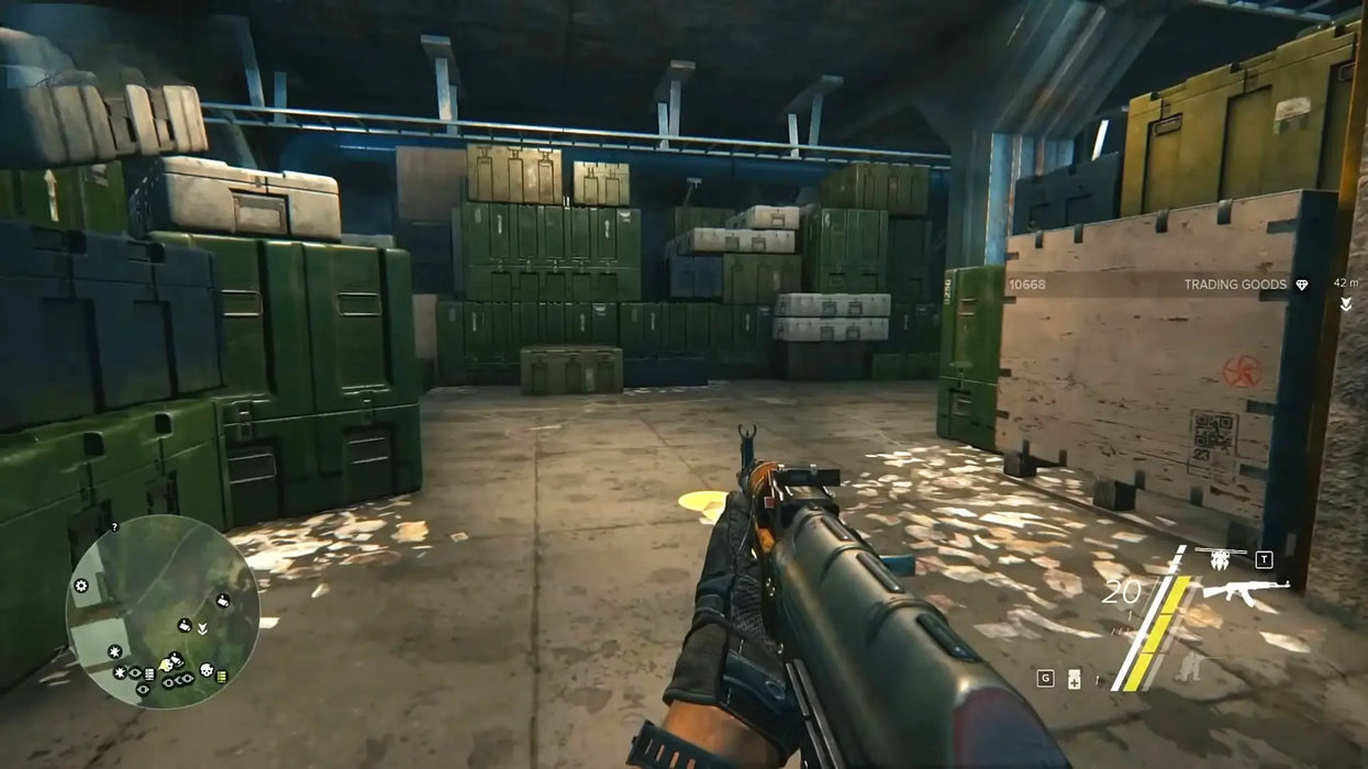 First-person view inside a warehouse filled with stacked green military crates in Sniper Ghost Warrior 3 Season Pass Edition on Xbox One. Buy your digital game key instantly at RushGame.co and unlock premium sniper action today