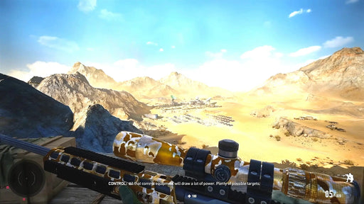First-person sniping screenshot from Sniper Ghost Warrior Contracts 2 Deluxe Arsenal Edition Steam Key, showing a camouflaged sniper rifle overlooking a vast desert landscape and a military base. Purchase your Steam key for exclusive DLC weapons at RushGame.co