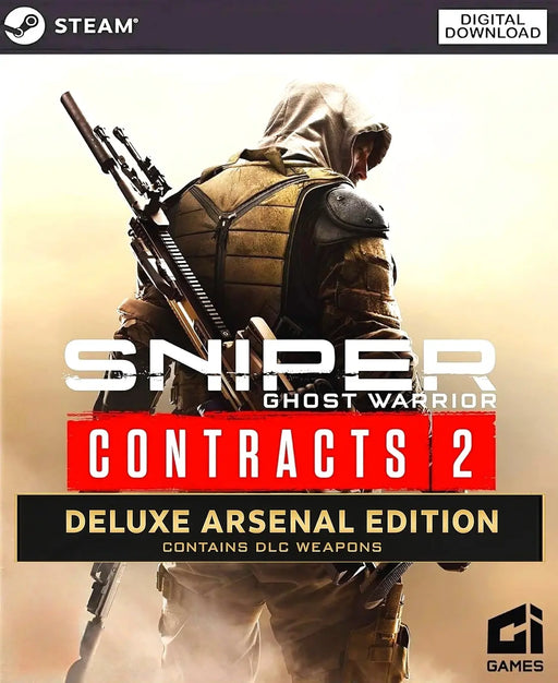 Cover art for Sniper Ghost Warrior Contracts 2 Deluxe Arsenal Edition Steam Key, featuring a sniper in tactical gear with a hood, holding a rifle on his back against a light background. Buy your Deluxe Arsenal Edition Steam key for instant delivery at RushGame.co