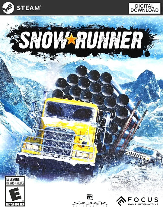 Cover art for SnowRunner Steam Key featuring a yellow freight truck hauling heavy pipes through a snowy landscape. Buy SnowRunner Steam Key at RushGame.co for instant access and off-road adventures.
