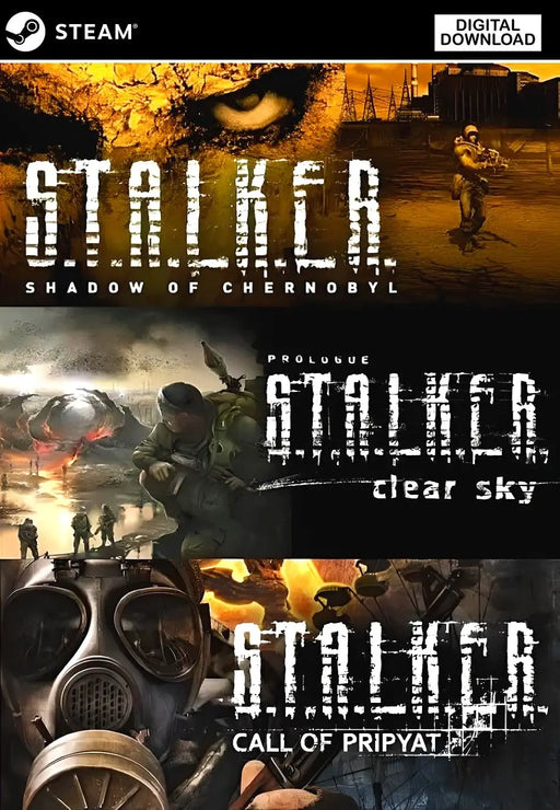 Cover art for S.T.A.L.K.E.R.: Bundle Steam CD Key, featuring iconic visuals from Shadow of Chernobyl, Clear Sky, and Call of Pripyat. Buy your Steam key instantly at RushGame.co for a complete S.T.A.L.K.E.R. experience