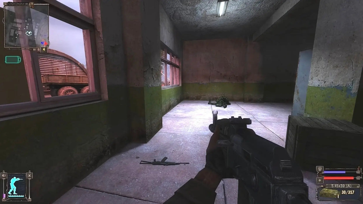In-game screenshot from S.T.A.L.K.E.R.: Shadow of Chernobyl, showing the player's perspective with a rifle in a post-apocalyptic building. Discover and purchase S.T.A.L.K.E.R. Steam keys at RushGame.co