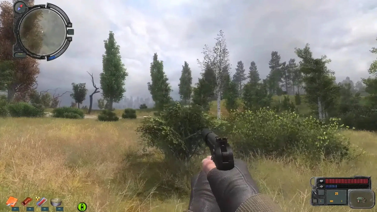 Gameplay screenshot from S.T.A.L.K.E.R.: Call of Pripyat on Steam, showing a player exploring the wild zone with a silenced pistol in hand. Get your Steam CD Key instantly from RushGame.co and experience this atmospheric survival FPS