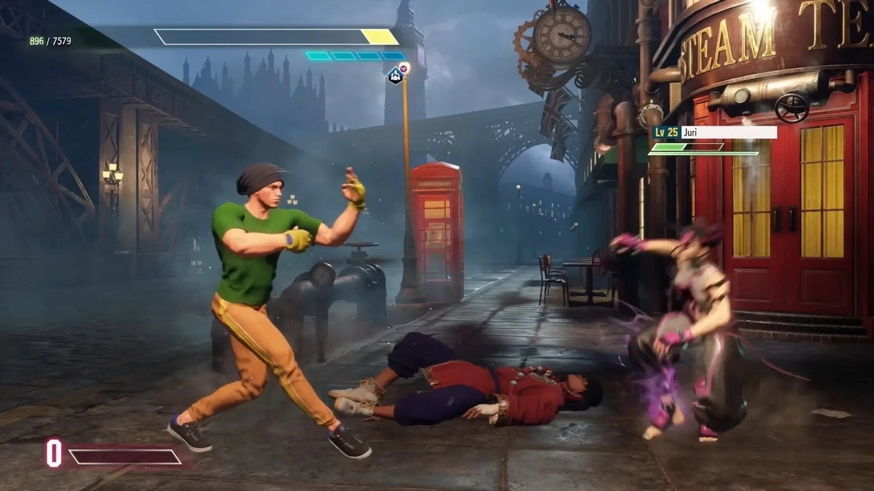 Dynamic fight sequence in Street Fighter 6 on Steam, showing intense action between characters in a dark city setting. Available now at RushGame.co with instant key delivery