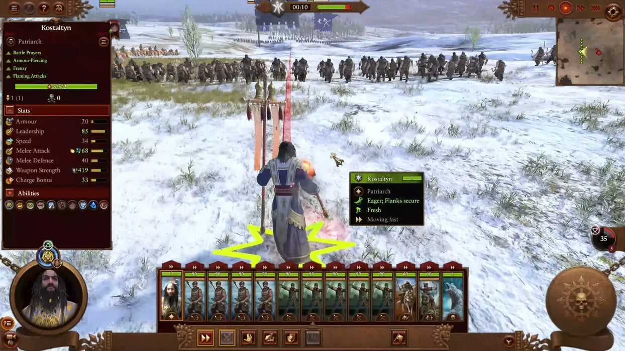 Gameplay battle scene from Total War: Warhammer III Steam Edition, showing Kostaltyn leading troops on a snowy battlefield – available as a digital key at RushGame.co