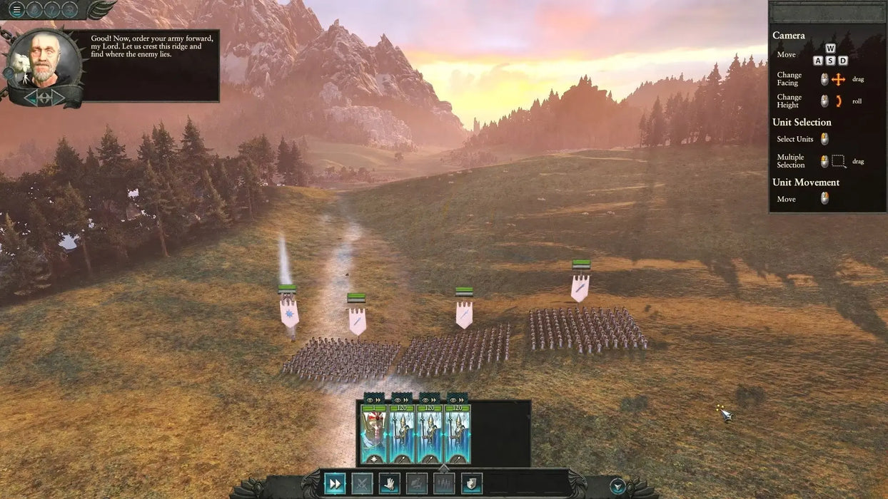 Player’s army advancing through a valley in Total War: Warhammer Trilogy Steam Key, preparing for a tactical battle in the fantasy strategy game. Purchase now at RushGame.co with fast digital download