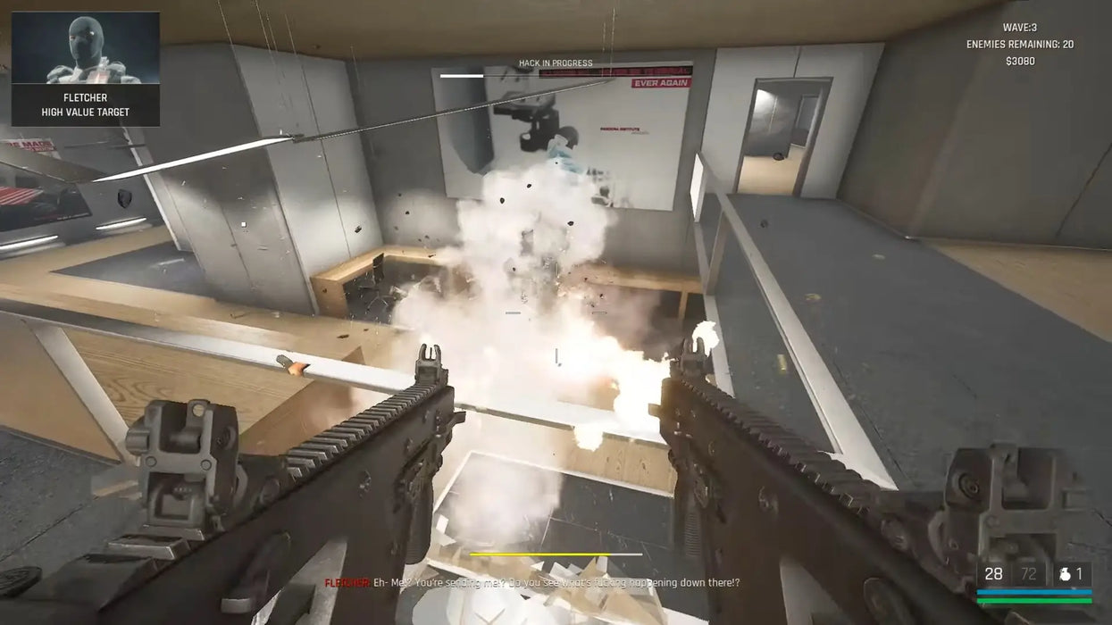 Dual-wielding submachine guns during an explosive firefight in a modern combat facility in Trepang2. Get your Trepang2 Steam Key now at RushGame.co