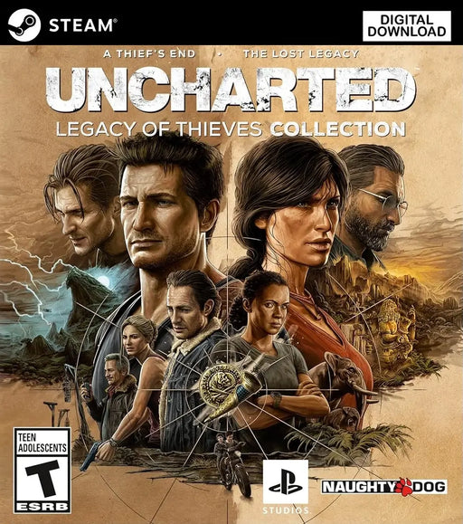 Cover art for Uncharted: Legacy of Thieves Collection on Steam, featuring Nathan Drake and iconic characters. Buy your Steam key at RushGame.co and experience thrilling cinematic adventures