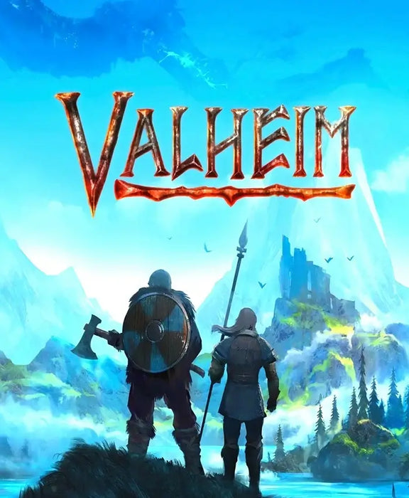 Valheim Steam Key cover showing Viking warriors overlooking a mystical mountain landscape. Buy Valheim Steam Key at RushGame.co for instant digital delivery