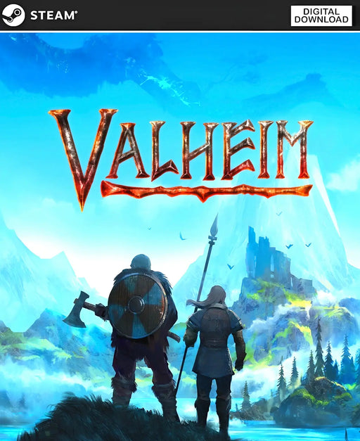Valheim Steam Key cover showing Viking warriors overlooking a mystical mountain landscape. Buy Valheim Steam Key at RushGame.co for instant digital delivery
