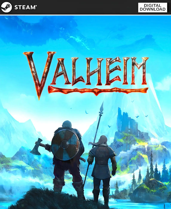 Valheim Steam Key cover showing Viking warriors overlooking a mystical mountain landscape. Buy Valheim Steam Key at RushGame.co for instant digital delivery