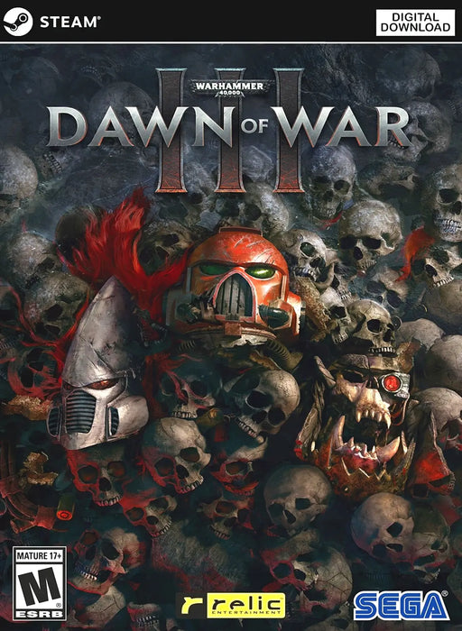 Warhammer 40,000 Dawn of War 3 cover art: Cover art for Warhammer 40,000 Dawn of War 3 Steam key, featuring iconic Warhammer helmets on a background of skulls, offered at RushGame.co